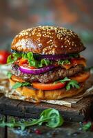 ai gerado Hamburger com carne e legumes em de madeira borda foto