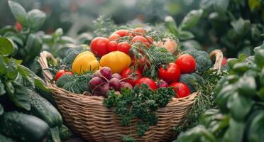 ai gerado cesta preenchidas com vários legumes foto