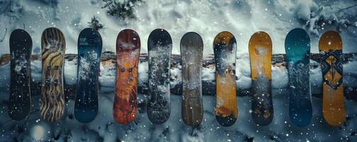 ai gerado grupo do pranchas de snowboard em pilha do neve foto