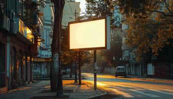 ai gerado esvaziar Painel publicitário em cidade rua às noite foto