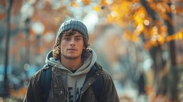 ai gerado jovem homem dentro gorro caminhando baixa a rua foto