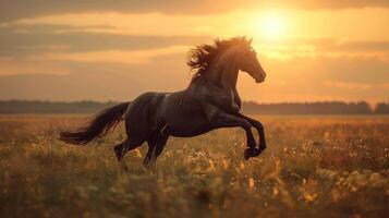 ai gerado cavalo corrida através campo às pôr do sol foto