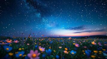 ai gerado campo do flores florescendo debaixo noite céu foto