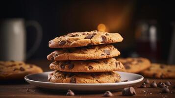 ai gerado café da manhã tratar pilha do chocolate lasca biscoitos foto