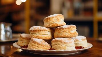 ai gerado saborear a aroma do uma pilha do cozido scones foto