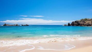 ai gerado tranquilo de praia debaixo uma Claro azul céu dentro natureza fundo foto