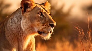 ai gerado a dourado pele do uma leoa brilha dentro a luz solar Como ela relaxa em uma rochoso terreno foto