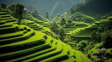 ai gerado uma verde arroz terraço com passos e curvas debaixo uma azul céu foto