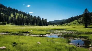 ai gerado uma verde Prado com flores e árvores debaixo uma azul céu foto