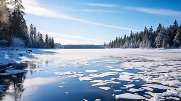 ai gerado parcialmente congeladas lago dentro a coração do inverno foto