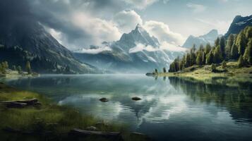 ai gerado lago e montanha panorama dentro natural luz foto