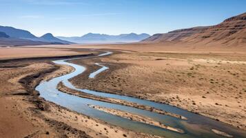 ai gerado a Meandros rio quão isto formas e sobrevive dentro a deserto panorama foto