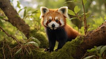 ai gerado curioso vermelho panda explorando Está habitat fechar acima foto