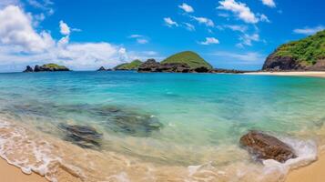 ai gerado a paraíso de praia e a cristal Claro águas quão elas crio uma mágico atmosfera foto