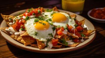 ai gerado mexicano café da manhã com chilaquiles e salsa foto