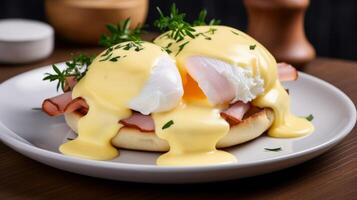 ai gerado café da manhã prato apresentando clássico ovos Benedict foto