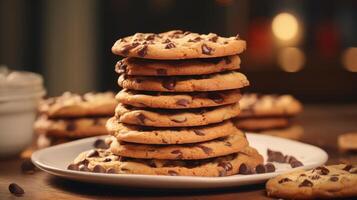 ai gerado satisfatório café da manhã pilha apresentando chocolate lasca biscoitos foto