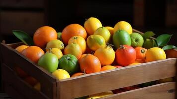 ai gerado de madeira engradado preenchidas com gostoso e colorida citrino frutas foto