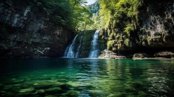 ai gerado cascata dentro a selvagem com Claro águas e céu foto