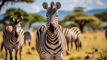 ai gerado fechar-se do zebras com Preto e branco listras foto