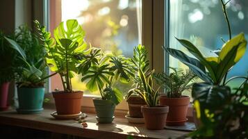 ai gerado casa plantas em uma peitoril da janela dentro luz solar. foto