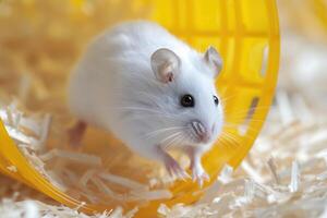 ai gerado branco rato é corrida dentro corrida roda para hamsters. foto