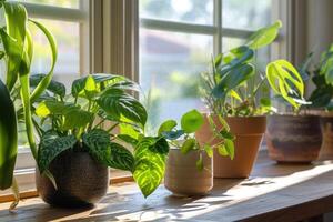 ai gerado casa plantas em uma peitoril da janela dentro luz solar. foto