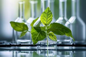 ai gerado biotecnologia conceito com verde plantar folhas, laboratório vidraria, e conduzindo pesquisa foto