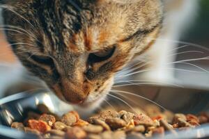 ai gerado fechar-se do gato comendo seco Comida a partir de tigela. foto