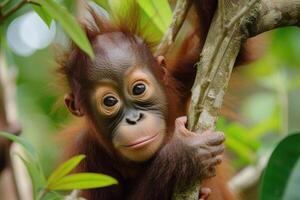 ai gerado bebê orangotango dentro dele natural meio Ambiente dentro a floresta tropical foto