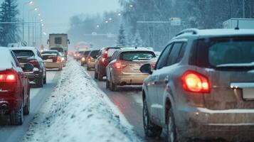 ai gerado moderno carros estão preso dentro uma tráfego geléia em uma rodovia dentro inverno. foto