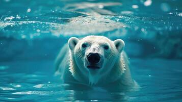 ai gerado polar Urso natação dentro a azul artic oceano em uma Claro ensolarado dia foto