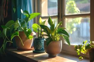 ai gerado casa plantas em uma peitoril da janela dentro luz solar. foto