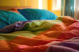 ai gerado cama com folhas, almofadas e cobertor. quarto interior foto