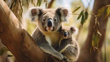 ai gerado mãe coala e bebê dentro eucalipto floresta foto