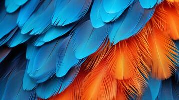 ai gerado uma fechar acima do uma pássaros penas e plumagem com diferente cores e padrões foto