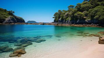 ai gerado uma escondido paraíso com Claro azul água e uma arenoso de praia foto