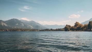 ai gerado vintage lago e montanha panorama fundo foto