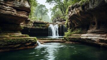 ai gerado cascata e desfiladeiro piscina uma lindo panorama fundo foto