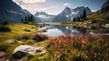 ai gerado flores silvestres e alpino lago dentro controlo remoto localização foto