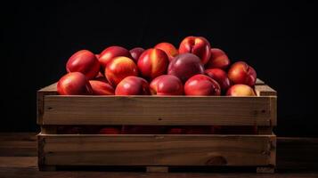 ai gerado encantador exibição do fresco pluots dentro uma rústico engradado foto