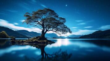 ai gerado estrelado noite e lago uma mágico panorama com uma árvore foto