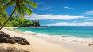 ai gerado imaculado litoral e tropical de praia com Palma árvores foto