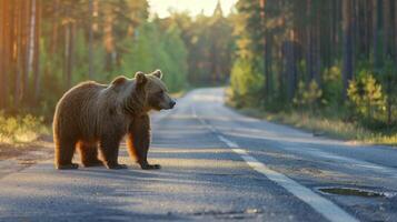 ai gerado Urso em pé em a estrada perto floresta às cedo manhã ou tarde tempo. estrada perigos, animais selvagens e transporte. foto