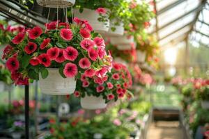 ai gerado ampla vidro estufa com vermelho flores interior e cultivo plantas. foto