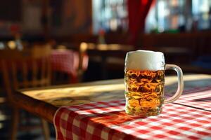 ai gerado bar interior, uma caneca do Cerveja em topo do uma de madeira mesa coberto com vermelho e branco xadrez toalha de mesa foto