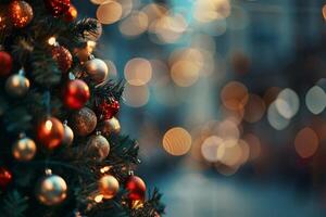 ai gerado decorado Natal árvore em borrado fundo, desfocado luzes papel de parede foto