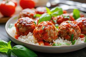 ai gerado delicioso caseiro frango ou Peru almôndegas com arroz, vegetal e tomate molho. foto