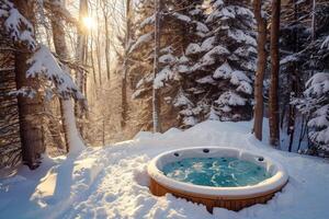 ai gerado quente banheira dentro a meio do uma lindo inverno floresta. foto