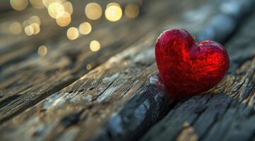 ai gerado vermelho coração em madeira com luz em fundo. foto
